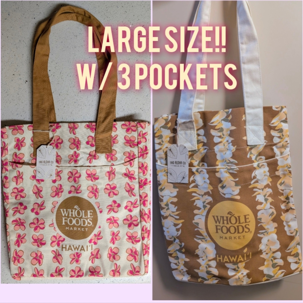 Whole Foods Hawaii Pink & Yellow Plumeria Large Hydro Bags-2 Total